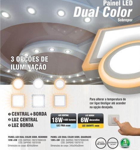 Plafon led dual color redondo branco 18w taschibra