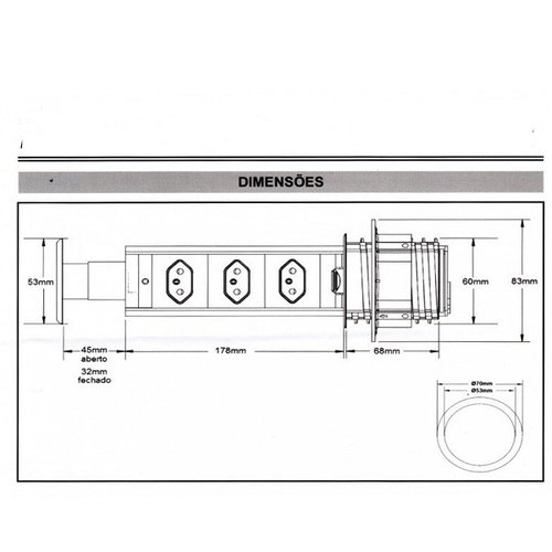 Torre com 3 tomada multiplug preto/cinza renna